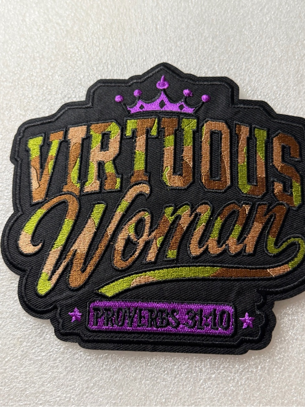 Virtuous Woman Embroidered Patch - Black with Camouflage & Purple Accents